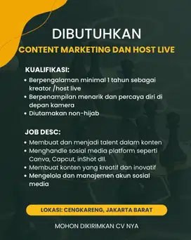 Lowongan kerja Content Marketing dan Host Live