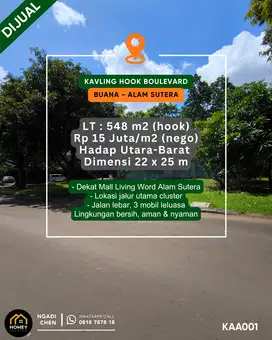 Kavling Hook Boulevard Buana 548m² dekat Living World Alam Sutera