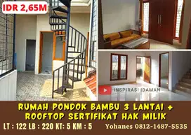 Rumah Pondok Bambu 3 lantai plus rooftop sertifikat hak milik