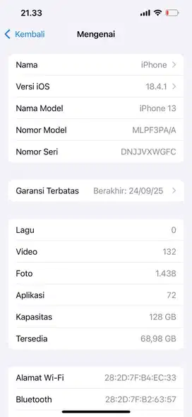 Di jual iphone 13 128 like new gransi on ek ibox bh 98