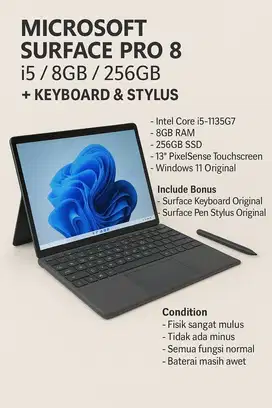 Microsoft Surface Pro 8 i5 8GB 256GB Fullset + Keyboard & Stylus