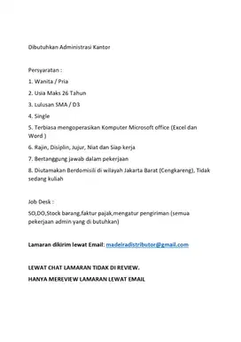 LOWONGAN BAGIAN ADMINISTRASI KANTOR