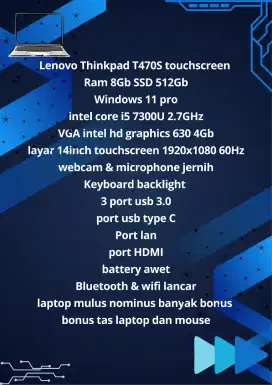 Jual laptop Lenovo Thinkpad T470s (Slim) touchscreen ram 8gb ssd 512gb