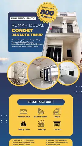 RUMAH 2 LANTAI + ROOFTOP SIAP HUNI DI CONDET JAKARTA TIMUR