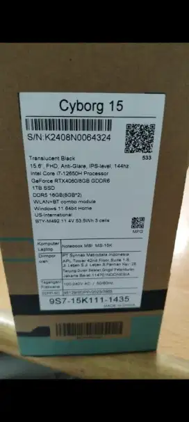 LaptopMSI Cyborg 15 A12VF i7 12650H geforce RTX 4060 8GB DDR6 SSD 1 TB