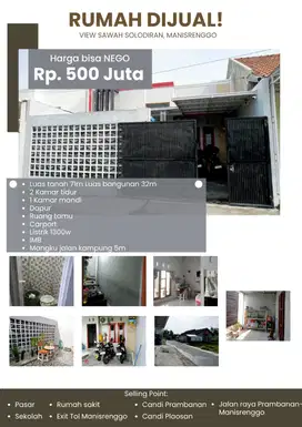 RUMAH SIAP HUNI TYPE 32/71 VIEW SAWAH SOLODIRAN, MANISRENGGO
