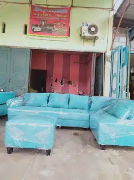 Erafurniture*sofa L New minimalis jombo biru langit kain baldu+puff+ba
