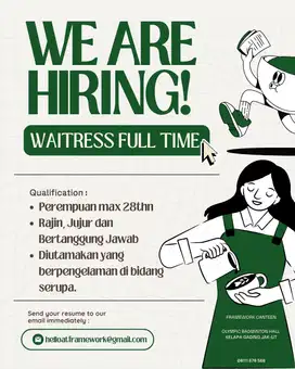 LOWONGAN PEKERJAAN WAITRESS / BARISTA LOKASI KELAPA GADING JAKUT