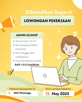 DICARI ADMIN OLSHOP GAJI 1.5-2 Juta