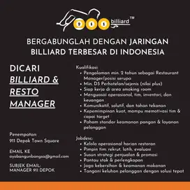 Lowongan kerja MANAGER Billiard dan resto cabang Depok