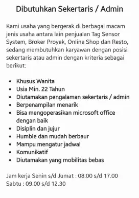 Dibutuhkan Karyawan Sekertaris