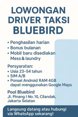 KERJA CEPAT! Dibutuhkan Driver Taksi – Gaji Harian, Mobil Baru