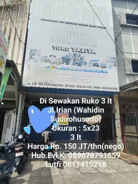 Disewakan Ruko 3 lantai di Jl. Irian Makassar