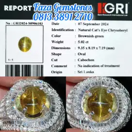 Cats Eye Chrysoberyl Srilanka ~5.02ct ~GRI ~GOLDEN Line, Full Christal