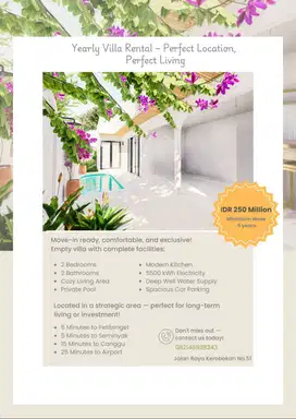 DISEWAKAN VILLA KOSONGAN – LOKASI STRATEGIS DI BALI