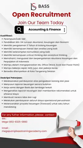 dibutuhkan 1 orang staf accounting , pajak , keuangan tangsel