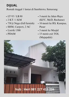 Jual Rumah Full Furnished daerah Sambiroto Semarang. Tanpa Perantara.