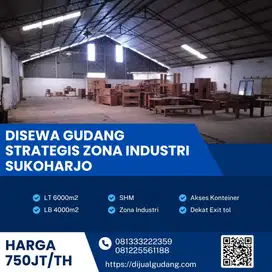 Disewakan Gudang Zona Industri Luas 6000m2 Lokasi Sukoharjo