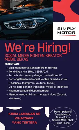 LOKER SOSIAL MEDIA KONTEN KREATOR SIMPLY MOTOR MOBIL BEKAS