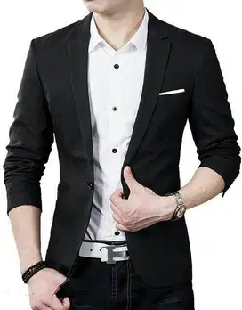 Blazer Jas Hugo Black OT Blazer Pria Katun Stretch Hitam Cowok Formal