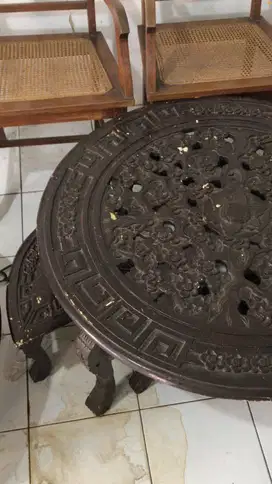 Set meja osin bulat ukir mawar kayu jati