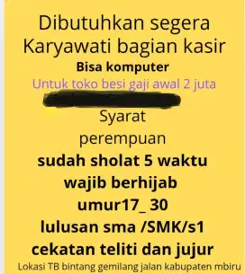 Dibutuhkan karyawan bagian Kasir
