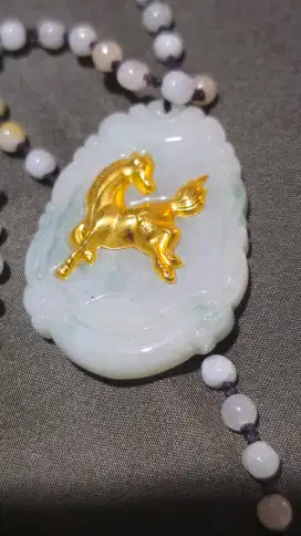 Kalung Giok Liontin Kuda Emas Murni 24 K