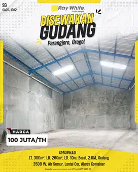 Disewakan Gudang Luas 300m di Parangjoro, Grogol