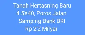 Tanah Hertasning Baru 4.5X40, Poros Jalan  Samping Bank BRI