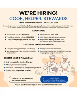 DIBUTUHKAN SEGERA (URGENTLY) COOK , HELPER , STEWARD