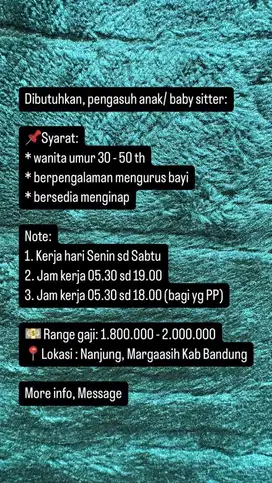 Dibutuhkan, pengasuh anak / baby sitter
