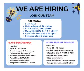 LOKER SALESMAN JATENG DIY dan DRIVER PENGIRIMAN & DRIVER RUMAH TANGGA