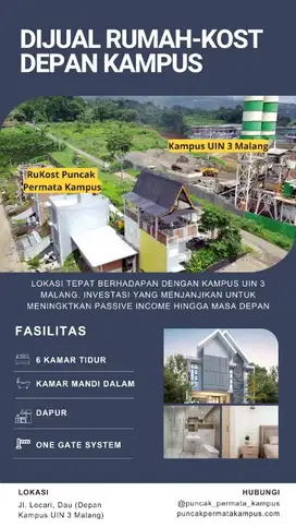 dijual rumah kos eksklusif depan kampus UIN 6 KAMAR
