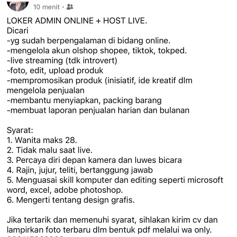 Loker admin dan host live