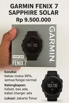 Smartwatch Jam Garmin Fenix 7 Sapphire Solar – Bekas Mulus 99% Fullset