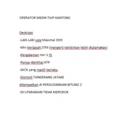 OPERATOR MESIN TIUP KANTONG