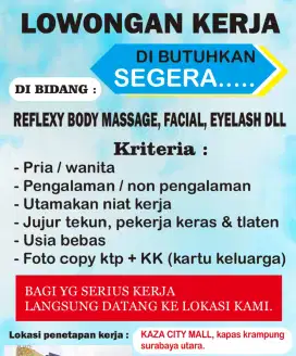 LOWONGAN PIJAT REFLEXY BODY MASSAGE DAN BEAUTY CARE