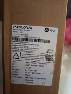 Advan Laptop Al Gen AMD Ryzen 7 8845HS 16GB 512GB Windows 11