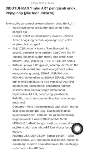 DIBUTUHKAN 1 mba ART pengasuh anak, PP/nginap (jika luar Jakarta).