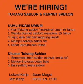 LOWONGAN TUKANG SABLON & KERNET SABLON
