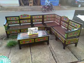 Kursi tamu sudut ukiran mawar finishing bakaran full kayu jati