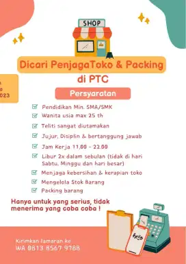 Dicari Penjaga Toko di PTC
