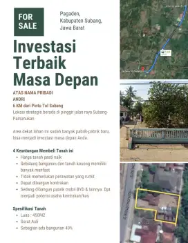 Dijual Tanah Deket Pintu Tol Subang