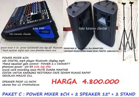 speaker 12in + power mixer 8ch 256 dsp 2 stand
