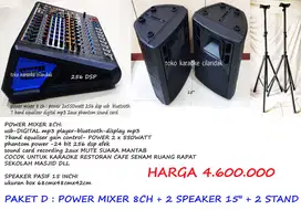 speaker 15in + power mixer 8ch 256 dsp 2 stand