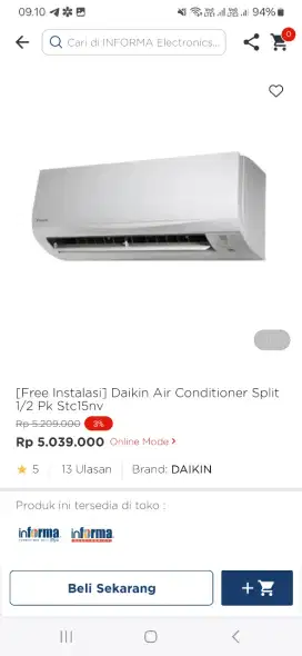 Daikin air conditioner split 1/2 pk