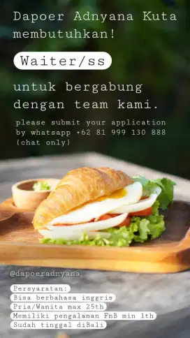 Dibutuhkan waitress untuk resto di Kuta Bali