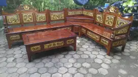 Kursi tamu minimalis sudut mahkota leter L kayu jati asli