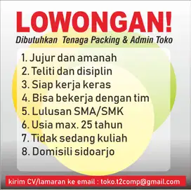 LOWONGAN KERJA ADMIN TOKO DAN TENAGA PACKING