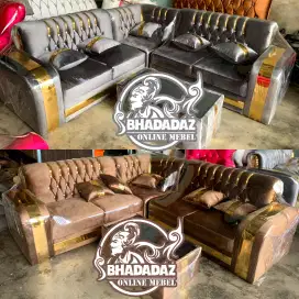 Sofa L Sudut Kancing Lis Gold Crome